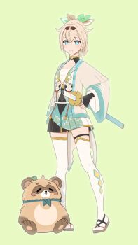 1girl 3d bakishin black_gloves black_skirt blonde_hair blue_eyes blue_skirt chest_sarashi commentary_request crossed_bangs fingerless_gloves full_body gloves green_background hair_between_eyes hair_ornament hair_ribbon haori high_ponytail highres holding holding_sword holding_weapon hololive japanese_clothes katana kazama_iroha leaf_hair_ornament long_hair long_sleeves looking_at_viewer maya_(medium) pokobee ponytail ribbon sandals sarashi sheath sheathed simple_background skirt smile solo standing sword tanuki thighhighs virtual_youtuber weapon white_thighhighs wide_sleeves zettai_ryouiki