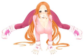 1girl bleach blush breasts brown_eyes cleavage facing_viewer fingerless_gloves gloves highres huge_breasts inoue_orihime kneeling lips long_hair nashirasauce orange_hair shoes sneakers sweat tight_clothes very_long_hair