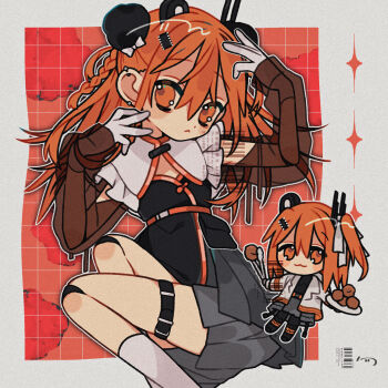 1girl a.i._voice adachi_rei alternate_costume alternate_hairstyle android animal_ears black_shirt braid chibi chibi_inset closed_mouth fake_animal_ears feet_out_of_frame gloves grey_skirt grid_background highres joints long_hair long_sleeves looking_at_viewer miniskirt multiple_views nasi_(na_si) orange_eyes orange_hair outline outside_border panda_ears red_background robot_joints see-through_clothes see-through_sleeves shirt side_braid skirt socks thigh_strap utau white_gloves white_outline white_socks