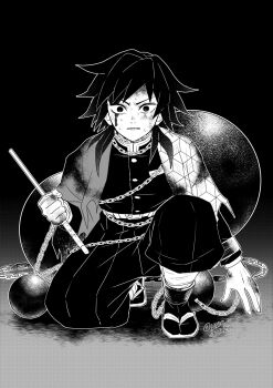 1boy ball_and_chain_restraint blood blood_on_clothes blood_on_face bloody_tears buttons demon_slayer_uniform full_body haori high_collar highres holding holding_sword holding_weapon jacket japanese_clothes katana kikkoumon kimetsu_no_yaiba looking_at_viewer low_ponytail male_focus pants ponytail print_haori sandals socks solo spiked_hair sword teeth tomioka_giyuu weapon yanae1573_2