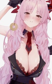 1girl black_gloves black_horns blue_archive blurry blurry_foreground blush bra bra_peek breasts cleavage coin coin_on_string commentary_request demon_horns depth_of_field detached_collar downblouse gloves grey_background half_gloves highres holding holding_pendulum horns huge_breasts hypnotizing_viewer lace lace-trimmed_bra lace_trim long_hair looking_at_viewer messy_hair mole mole_on_breast necktie orange_eyes parted_bangs pendulum red_bra red_horns red_necktie sagging_breasts satsuki_(blue_archive) short_necktie solo sweat underwear upper_body very_long_hair yu_(ba9ama)