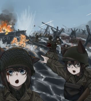 6+girls animal_ears bags_under_eyes beach blood blood_from_forehead blue_eyes brown_hair burning combat_helmet corpse czech_hedgehog day death fire green_eyes hair_between_eyes helmet highres landing_craft meme military military_combat_uniform military_uniform multiple_girls omaha_beach original outdoors partially_submerged pointing pointing_backward short_hair soldier two_soyjaks_pointing_(meme) user_dhcx5474 water world_war_ii