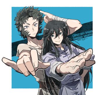 2018 2boys black_hair capricorn_shura casual character_name chinese_clothes dated dragon_shiryuu green_eyes hand_up hands_up kinako_(462) long_hair looking_at_viewer male_focus multiple_boys open_hand outstretched_arm outstretched_hand saint_seiya sideburns smile spiked_hair tunic upper_body wrist_wrap