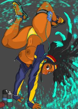 1girl alternate_costume arm_support artist_request ass bikini bikini_bottom_only bikini_under_clothes blush breasts brown_eyes capcom curvy dark-skinned_female dark_skin flexible full_body highleg highleg_bikini highres huge_ass jacket jumping kimberly_jackson legs_up long_hair looking_at_viewer navel nipples official_alternate_costume open_clothes open_jacket parted_lips sideboob simple_background skindentation solo street_fighter street_fighter_6 swimsuit thong thong_bikini topless_female very_long_hair wide_hips yellow_bikini