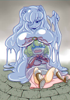 2girls air_bubble alternate_breast_size_(larger) bikini blonde_hair blue_skin boots breasts brown_boots bubble closed_mouth colored_skin commentary_request drill_hair full_body green_eyes highres hinaichigo itini-sanshi kirakishou large_breasts monster_girl monsterification multiple_girls open_mouth pink_bikini quad_drills rozen_maiden slime_girl smile swimsuit