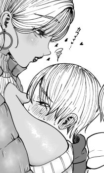 1boy 1girl age_difference assertive_female between_breasts blush breast_press breast_smother breasts cleavage_cutout clothing_cutout dark-skinned_female dark_skin earrings face_to_breasts greyscale gyaru head_between_breasts heart height_difference hetero hoop_earrings hug huge_breasts implied_hug jewelry lipstick looking_at_another makeup monochrome motherly nagisamade nervous nervous_sweating onee-shota original shy simple_background size_difference squiggle sweat sweater tall_female taller_female translation_request white_background