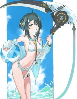 1girl ahoge arknights ball beachball belt bikini black_hair blue_sky breasts buckle character_name cleavage cloud cloudy_sky commentary expressionless feather_hair feet_out_of_frame frilled_bikini frills goggles goggles_around_neck grey_eyes hair_intakes hair_ornament hairclip highres holding holding_ball holding_beachball holding_scythe id_card infection_monitor_(arknights) izumo_(ton_63) jacket la_pluma_(arknights) la_pluma_(summer_flowers)_(arknights) lanyard leaning_forward looking_at_viewer medium_breasts medium_hair navel o-ring o-ring_bikini o-ring_top ocean official_alternate_costume open_clothes open_jacket outside_border parted_lips scythe see-through_clothes see-through_sleeves side-tie_bikini_bottom skindentation sky sleeves_past_wrists snap-fit_buckle solo standing sweat swim_goggles swimsuit thigh_belt thigh_strap whistle whistle_around_neck white_bikini white_jacket wing_hair_ornament wristband x_hair_ornament