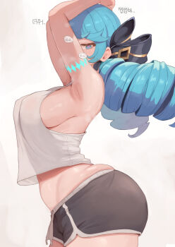 1girl absurdres arm_tattoo armpits arms_up ass black_bow black_shorts blue_eyes blue_hair blush bow breasts commentary covered_erect_nipples cowboy_shot crop_top curvy dolphin_shorts drawstring drill_hair from_side glowing glowing_tattoo grey_shirt gwen_(league_of_legends) hair_bow highres kim_somang korean_text large_breasts league_of_legends long_hair looking_at_viewer midriff navel no_bra plump shirt short_shorts shorts sideboob sidelocks simple_background sleeveless sleeveless_shirt solo speech_bubble symbol-shaped_pupils tattoo translation_request turning_head twin_drills x-shaped_pupils