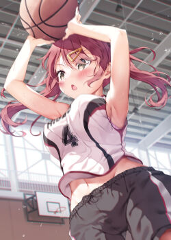1girl ball basketball_(object) basketball_hoop basketball_uniform black_shorts blush bouncing_breasts bra bra_peek breasts brown_eyes ceiling commentary_request ezoshika gym hair_ornament hair_over_one_eye hairclip highres indoors jumping long_hair medium_breasts navel open_mouth original pink_bra red_hair shirt shorts sidelocks sleeveless sleeveless_shirt solo sportswear twintails underwear white_shirt window