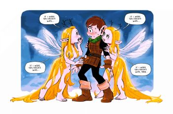 1boy 2girls aatom87 absurdly_long_hair alternate_species antlers arm_hair barefoot blonde_hair blush boots breasts brown_boots brown_gloves brown_hair chilchuck_tims choker clothed_male_nude_female commentary completely_nude dual_persona dungeon_meshi english_commentary english_text fairy fairy_wings fingerless_gloves full_body gloves green_eyes hair_censor horns long_hair marcille_donato medium_breasts multiple_girls nude pointy_ears red_choker standing sweat very_long_hair wings