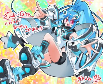 1girl argostars_-_glorious_adra bare_shoulders black_shorts blue_hair breasts commentary_request commission duel_monster hair_ornament high_ponytail highres jacket leg_tattoo leotard long_hair okirune_(yappa_neruwa) open_mouth pink-tinted_eyewear pointing ponytail red_eyes scouter shoes shorts skeb_commission smile solo tattoo teeth tinted_eyewear upper_teeth_only white_leotard yu-gi-oh!