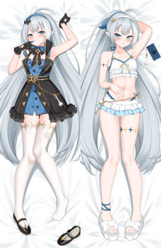 Rule 34 | 2girls, :d, ahoge, armlet, armpits, bed sheet, bikini, bikini skirt, black gloves, blue eyes, blush, cellphone, chess piece, collarbone, commentary, dakimakura (medium), dual persona, english commentary, female tyrant (stella sora), female tyrant (swimsuit) (stella sora), frilled bikini, frills, full body, gloves, grey hair, hair between eyes, hairband, highres, jewelry, kurisu-kun, long hair, looking at viewer, lying, mary janes, multiple girls, navel, official alternate costume, official alternate hairstyle, on back, open mouth, parted lips, phone, pointy ears, ponytail, presenting armpit, sandals, shoes, sidelocks, simple background, smartphone, smile, spaghetti strap, stella sora, stomach, swimsuit, symbol-shaped pupils, thigh strap, thighhighs, tyrant (stella sora), white bikini, white thighhighs