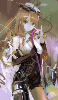 Rule 34 | 1girl, brown hair, cowboy shot, female focus, gloves, green eyes, long hair, looking at viewer, original, solo, uturo