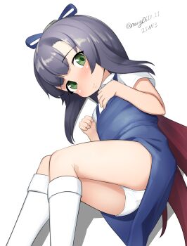 1girl absurdres black_hair blue_dress blush dress gradient_hair green_eyes hair_ribbon highres kantai_collection loli long_hair looking_at_viewer lying maru_(marg0613) matsuwa_(kancolle) multicolored_hair panties purple_hair ribbon shirt short_sleeves sleeveless sleeveless_dress socks solo twitter_username underwear white_background white_panties white_shirt white_socks