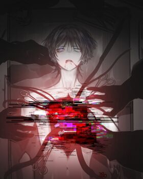 1boy 49ibo240 absurdres artist_name beaker blood blood_from_mouth bloody_tears blunt_ends censored eyeliner eyeshadow forceps from_above genshin_impact glitch glowing glowing_eyes highres hole_in_chest hole_on_body looking_up lying makeup male_focus mosaic_censoring navel on_back operating_table parted_lips purple_eyes red_eyeliner red_eyeshadow sanpaku scalpel scaramouche_(genshin_impact) scissors severed_arm severed_limb solo surgery surgical_scissors table tray tsurime wispy_bangs