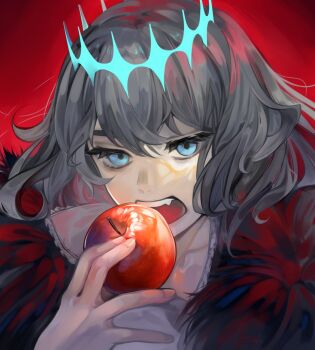 Rule 34 | 1boy, apple, blue eyes, crown, diamond hairband, fang, fate/grand order, fate (series), food, frill inferno, fruit, fur trim, grey hair, highres, holding, holding food, holding fruit, looking at viewer, male focus, medium hair, oberon (fate), oberon (third ascension) (fate), open mouth, red background, shirt, simple background, solo, upper body