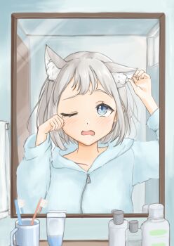 1girl ;o absurdres animal_ear_fluff animal_ears blue_eyes blue_jacket blush cat_ears commentary_request gakuen_idolmaster grey_hair highres hood hooded_jacket idolmaster indoors jacket katsuragi_lilja kemonomimi_mode mirror one_eye_closed reflection reflection_focus short_hair sleepy solo sssaaiissaa tears toothbrush upper_body