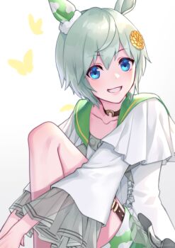 Rule 34 | 1girl, akatsuki (kuon), animal ears, blue eyes, blush, brown choker, bug, butterfly, choker, collarbone, commentary request, ear covers, flower, green sailor collar, green shorts, grey hair, grin, hair between eyes, hair flower, hair ornament, hairclip, horse ears, horse girl, insect, long sleeves, looking at viewer, open mouth, sailor collar, seiun sky (reeling in the big one) (umamusume), seiun sky (umamusume), shirt, short hair, shorts, simple background, single ear cover, smile, solo, sunflower, sunflower hair ornament, teeth, thigh strap, umamusume, white shirt