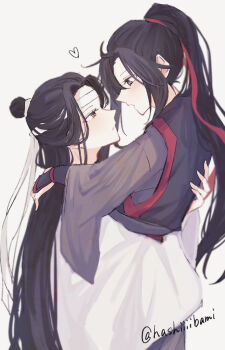2boys ahoge black_hair black_hanfu blush carrying carrying_person chinese_clothes commentary_request couple eye_contact from_side grey_eyes hair_ribbon hanfu headband heart high_ponytail hug lan_wangji long_hair long_sleeves looking_at_another male_focus modao_zushi multiple_boys nekohashi_ru ponytail profile red_ribbon ribbon robe sidelocks simple_background topknot twitter_username very_long_hair wei_wuxian white_background white_hanfu white_headband wide_sleeves yaoi yellow_eyes