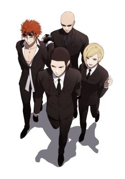 1girl 3boys absurdres bald baton_(weapon) bindi black_eyes black_footwear black_jacket black_necktie black_pants black_shirt black_suit breasts brown_eyes collarbone collared_shirt earrings elena_(ff7) facial_mark final_fantasy final_fantasy_vii final_fantasy_vii_remake formal_clothes from_above full_body goggles goggles_on_head green_eyes highres holding_baton igusaharu jacket jewelry long_hair low_ponytail medium_breasts multiple_boys multiple_earrings necktie open_collar open_mouth pants ponytail reno_(ff7) rude_(ff7) shirt short_hair short_hair_with_long_locks sidelocks single_earring smile spiked_hair suit suit_jacket sunglasses tseng walking weapon white_background white_shirt