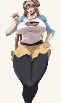 Rule 34 | absurdres, black pantyhose, breasts, brown hair, donkarasu vgc, donut hair bun, double bun, hair bun, highres, holding, holding poke ball, large breasts, nintendo, open mouth, pantyhose, pantyhose under shorts, poke ball, poke ball print, pokemon, pokemon bw2, raglan sleeves, rosa (pokemon), shorts, sweat, thick thighs, thighs, twintails, visor cap, yellow shorts