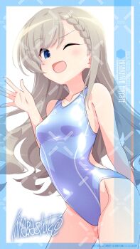 1girl adversarial_noise artist_name blue_eyes blue_one-piece_swimsuit braid braided_bangs breasts character_name commentary_request competition_swimsuit cowboy_shot grey_hair highleg highleg_one-piece_swimsuit highres hisakawa_hayate idolmaster idolmaster_cinderella_girls inaba_shiki long_hair looking_at_viewer one-piece_swimsuit one_eye_closed small_breasts solo swimsuit watermark watermark_grid waving