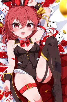 1girl animal_ears bow bowtie breasts card coin detached_collar fake_animal_ears highres holding holding_card leotard long_hair looking_at_viewer lying money on_back ongeki open_mouth ousaka_akane playboy_bunny playing_card poker_chip rabbit_ears red_eyes red_hair sen_chan_(akane1023) small_breasts smile solo strapless strapless_leotard thighhighs watermark wrist_cuffs