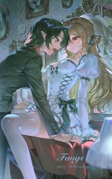 1boy 1girl bite_mark black_hair black_nails blonde_hair blood bow breasts chain chain_leash cleavage collar commentary dress eye_contact fangs fingernails hair_ribbon highres indoors jacket jewelry juliet_sleeves lamp leash long_hair long_sleeves looking_at_another medium_breasts misa_(misonyeo_s2) nail_polish open_mouth original pants parted_lips picture_frame piercing pointy_ears puffy_sleeves red_collar red_eyes ribbon sharp_fingernails short_hair sitting thighhighs vampire white_dress white_thighhighs