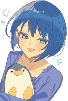 1girl :d blue_cardigan blue_eyes blue_hair blush bob_cut cardigan collarbone commentary hatori_naco highres holding holding_stuffed_toy kiritani_haruka long_sleeves looking_at_viewer open_cardigan open_clothes open_mouth project_sekai short_hair sidelocks simple_background smile solo stuffed_animal stuffed_penguin stuffed_toy symbol-only_commentary tsurime upper_body white_background
