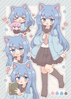 >_< 2girls :d :o @_@ absurdres animal_ears black_sailor_collar black_skirt black_socks blue_border blue_hair blue_jacket blush_stickers border borrowed_character cat_ears cat_girl closed_mouth colon_br commentary_request commission flying_sweatdrops full_body grey_background heart highres jacket kneehighs long_hair long_sleeves looking_at_viewer multiple_girls necktie no_shoes notice_lines open_clothes open_jacket open_mouth original outline outside_border pleated_skirt purple_eyes purple_hair red_necktie sailor_collar school_uniform serafuku shirt simple_background skeb_commission skirt smile socks standing standing_on_one_leg watermark white_outline white_shirt xd