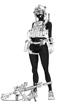 1girl absurdres assault_rifle black_shirt combat_helmet covered_face darius_billie_(moonkez) gloves greyscale gun helmet highres holster m4_carbine microphone monochrome night_vision_device original pants peq radio_antenna rifle scissors scope shirt shoes sneakers suppressor thigh_holster weapon white_gloves yoga_pants