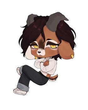 1boy absurdres animal_ears blush bridge_piercing brown_hair chibi chibi_only crop_top earrings face_piercing furry furry_male gazelle gazelle_ears gazelle_horns gazelle_tail gold_earrings highres jewelry long_sleeves mari_(maril33)_(gazelle) non-web_source nose_piercing original pants piercing poohooyoohoo shirt shoes trap white_background white_shirt white_shoes yellow_eyes