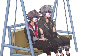 2boys black_gloves black_jacket black_pants black_shirt blue_eyes brown_hair closed_mouth clown_makeup commentary commission english_commentary fingerless_gloves gloves grey_hair hashtag-only_commentary height_difference heterochromia highres hood hood_down hoodie jacket kikufukuslayer kingdom_hearts kingdom_hearts_iii kingdom_hearts_iv makeup male_focus multiple_boys open_clothes open_jacket pants red_eyes red_hoodie second-party_source shirt sitting sora_(kingdom_hearts) white_background yozora_(kingdom_hearts)