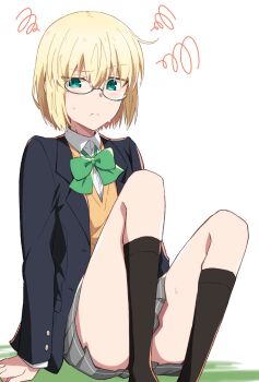 1boy absurdres ass azami_masurao blonde_hair blush bow brown_socks ciel_(tsukihime) ciel_(tsukihime)_(cosplay) cosplay crossdressing crossdressing_(mtf) embarrassed glasses green_bow green_eyes grey_skirt hair_between_eyes highres jacket male_focus mario_gallo_bestino purple_shirt school_uniform shirt short_hair sitting skirt socks souya_high_school_uniform sweat thighs tsukihime tsukihime_(remake) vest yellow_vest