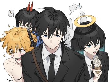 Rule 34 | !, ..., 4boys, agatsuma zenitsu, angel devil (chainsaw man), angel devil (chainsaw man) (cosplay), angel wings, aqua eyes, aqua hair, black hair, black jacket, black necktie, blonde hair, blue coat, blue hair, blunt bangs, blunt ends, blush, chainsaw man, coat, collared shirt, colored tips, commentary request, cosplay, crossed bangs, denji (chainsaw man), denji (chainsaw man) (cosplay), earrings, hair between eyes, halo, hashibira inosuke, hayakawa aki, hayakawa aki (cosplay), highres, holding, holding ice cream cone, horns, ice cream cone, jacket, jewelry, katana, kimetsu no yaiba, korean commentary, low ponytail, multicolored hair, multiple boys, necktie, open mouth, ponytail, power (chainsaw man), power (chainsaw man) (cosplay), ppansedu, red horns, shirt, short hair, smile, sparkle, spoken ellipsis, spoken exclamation mark, spoken sweatdrop, suit jacket, sweatdrop, sword, sword on back, tokitou muichirou, tomioka giyuu, tongue, tongue out, topless male, upper body, weapon, weapon on back, white background, white shirt, wings