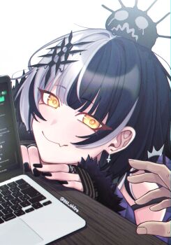 021_shiro 1girl absurdres black_choker black_coat black_hair black_nails blob blush choker coat computer earrings fur-trimmed_coat fur_trim hair_ornament hairclip highres hololive hololive_english jewelry laptop looking_at_viewer multicolored_hair shiori_novella shiori_novella_(1st_costume) split-color_hair striped_arm_warmers virtual_youtuber white_background white_hair yellow_eyes yorick_(shiori_novella)