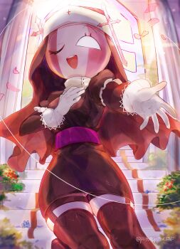 1girl ;d absurdres backlighting belt black_dress black_thighhighs black_veil blank_eyes breasts bush colored_skin commentary_request cowboy_shot cross_hat_ornament curtains dress falling_petals flower foreshortening friday_night_funkin' frilled_sleeves frills from_below gloves hand_on_own_chest highres juliet_sleeves lace lace-trimmed_gloves lace_trim legwear_garter light_particles long_sleeves looking_at_viewer nun one_eye_closed open_mouth pencil_dress petals pink_belt pink_petals potaa puffy_sleeves reaching reaching_towards_viewer red_flower round_teeth sarvente_(friday_night_funkin') short_dress small_breasts smile solo stairs standing standing_on_one_leg teeth thighhighs tongue twitter_username upper_teeth_only veil white_gloves white_skin window zettai_ryouiki