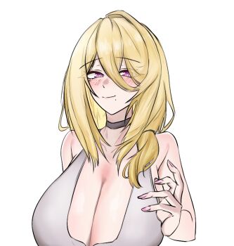 1girl alternate_costume andoris_(girls'_frontline_2) bare_shoulders black_choker blonde_hair blush breasts choker cleavage closed_mouth collarbone commentary_request girls'_frontline girls'_frontline_2:_exilium large_breasts long_hair looking_at_viewer mole mole_under_eye mole_under_mouth nail_polish pink_nails purple_eyes shirt smile solo strapless sungyeon0207 upper_body white_background white_shirt