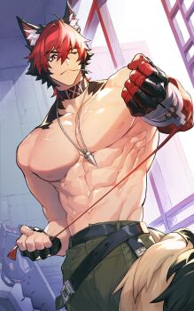 1boy abs absurdres animal_ear_fluff animal_ear_piercing animal_ears bandaged_arm bandaged_hand bandages belt biceps black_belt black_collar black_gloves black_hair bloom bright_pupils closed_mouth collar collarbone commentary_request crossed_bangs dog_boy dog_ears dog_tail ear_piercing fingerless_gloves gloves green_pants hair_between_eyes hair_intakes highres holding_bandages indoors jewelry komano_manato large_pectorals light_particles light_rays looking_at_viewer male_focus mouth_hold multicolored_hair muscular muscular_male navel necklace nipples official_art ogata_tomio one_eye_closed pants pectorals piercing red_eyes red_hair scar scar_across_eye scar_on_arm scar_on_face short_hair solo stalk_in_mouth standing sunbeam sunlight tail topless_male two-tone_hair white_pupils window zenless_zone_zero