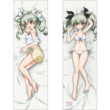 1girl :o anchovy_(girls_und_panzer) barefoot bikini blush breasts brown_eyes closed_mouth curvy dakimakura_(medium) drill_hair full_body girls_und_panzer green_hair hair_ribbon long_hair looking_at_viewer lowleg lowleg_bikini lying multiple_views navel no_bra official_art on_back on_side open_mouth ribbon shiny_skin short_hair simple_background solo source_request swimsuit thong thong_bikini twin_drills twintails very_long_hair watermark white_background white_bikini wide_hips