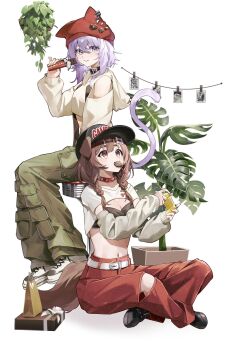 Rule 34 | 2girls, alternate costume, amesui, animal collar, animal ears, arm cutout, arm warmers, baggy pants, beanie, belt, black collar, black hat, black shoes, bone hair ornament, braid, breasts, brown eyes, brown hair, candy, cat ears, cat girl, cat tail, chocolate, chocolate bar, clothing cutout, collar, controller, cropped hoodie, cropped shirt, crossed bangs, dog ears, dog girl, dog tail, ears through headwear, eating, food, food in mouth, full body, game controller, green pants, hair between eyes, hair ornament, hashtag-only commentary, hat, highres, holding, holding chocolate, holding controller, holding food, holding game controller, hololive, hood, hoodie, indian style, inugami korone, knee cutout, long hair, long sleeves, looking at viewer, midriff, multiple girls, navel, nekomata okayu, on stool, pants, peaked cap, photo (object), plant, potted plant, purple eyes, purple hair, red collar, red hat, red pants, shirt, shoes, simple background, sitting, spiked collar, spikes, stomach, stool, tail, twin braids, valentine, virtual youtuber, white arm warmers, white background, white belt, white hoodie, white shirt, white shoes