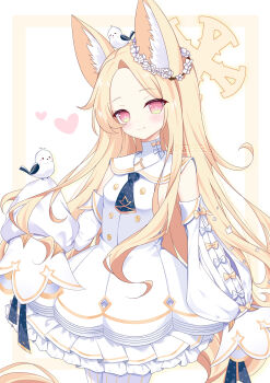 1girl absurdres animal animal_ear_fluff animal_ears bird bird_on_hand blonde_hair blue_archive blush bow capelet closed_mouth commentary_request detached_sleeves dress fandao_renren forehead fox_ears fox_girl gold_trim halo highres long_hair long_sleeves looking_at_viewer pantyhose pink_eyes seia_(blue_archive) simple_background sleeveless sleeveless_dress sleeves_past_fingers sleeves_past_wrists smile solo striped_clothes striped_pantyhose very_long_hair white_background white_bow white_capelet white_dress white_pantyhose yellow_bow yellow_halo