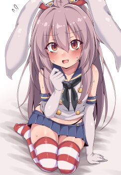 1girl animal_ears black_neckerchief black_panties blue_skirt blush breasts brown_eyes collarbone commentary cosplay crop_top elbow_gloves embarrassed fang gloves hair_between_eyes highleg highleg_panties highres horizontal-striped_thighhighs kantai_collection long_hair looking_at_viewer microskirt midriff_peek neckerchief no_dickey no_shoes open_mouth panties purple_hair rabbit_ears red_thighhighs reisen_udongein_inaba seiza shimakaze_(kancolle) shimakaze_(kancolle)_(cosplay) shirt sitting siw0n skin_fang skirt small_breasts solo striped_clothes striped_thighhighs thighhighs touhou underwear very_long_hair white_gloves white_shirt