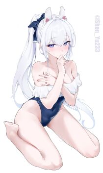 1girl absurdres animal_ear_hairband animal_ears bare_shoulders blue_archive blue_one-piece_swimsuit casual_one-piece_swimsuit covered_navel fake_animal_ears frilled_one-piece_swimsuit frills full_body grey_hair hairband highres long_hair looking_at_viewer miyako_(blue_archive) miyako_(swimsuit)_(blue_archive) no_halo off-shoulder_one-piece_swimsuit off_shoulder official_alternate_costume one-piece_swimsuit ponytail purple_eyes rabbit_ear_hairband rabbit_ears shinba233 simple_background sitting solo swimsuit twitter_username two-tone_one-piece_swimsuit wariza white_background