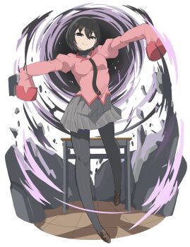 Rule 34 | 1girl, black eyes, black necktie, black pantyhose, bob cut, brown shoes, check copyright, closed mouth, collared shirt, commentary request, copyright request, desk, empty eyes, full body, grey skirt, highres, looking at viewer, magic, miniskirt, monogatari (series), naoetsu high school uniform, necktie, onabe915, oshino ougi, pantyhose, pink shirt, pleated skirt, school desk, school uniform, shirt, shoes, short hair, simple background, skirt, sleeves past fingers, sleeves past wrists, smile, solo, standing, standing on one leg, tile floor, tiles, white background