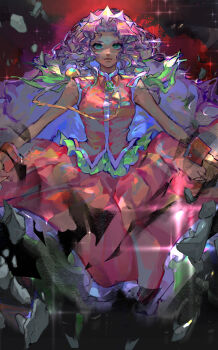 1girl aiguillette bindi closed_mouth comeonyk commentary crown dark-skinned_female dark_skin dress green_eyes highres himemiya_anthy long_dress long_hair looking_at_viewer purple_hair red_background red_dress rubble shoujo_kakumei_utena sleeveless sleeveless_dress solo very_long_hair wavy_hair