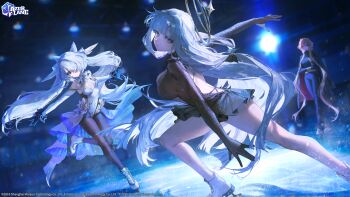 3girls absurdres azur_lane black_dress black_gloves black_pantyhose blue_eyes blush boots breasts character_request check_character clemenceau_(azur_lane) closed_mouth commentary cone_hair_bun double_bun dress elbow_gloves english_commentary figure_skating figure_skating_dress gloves grey_hair guichen_(azur_lane) guichen_(sorciere_on_ice)_(azur_lane) hair_bun hair_over_one_eye halo highres ice_skates ice_skating kiev_(azur_lane) kiev_(vila_of_the_crystal_lake)_(azur_lane) leg_up leotard long_hair looking_at_viewer mole mole_under_mouth moon multiple_girls official_alternate_costume official_art outstretched_arm pantyhose parted_lips pleated_dress quasarcake red_eyes second-party_source skates skating skating_rink sky small_breasts star_(sky) strapless strapless_leotard twintails two-sided_fabric very_long_hair white_dress white_gloves white_leotard