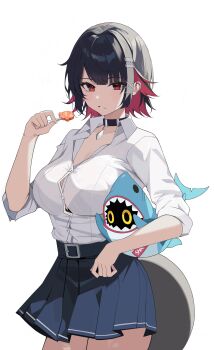 1girl 1other absurdres belt blue_skirt candy collar colored_inner_hair earrings ellen_joe ellen_joe_(on_campus) fins fish_tail food highres holding holding_candy holding_food holding_lollipop jewelry lollipop looking_at_viewer multicolored_hair razor_blade_hair_ornament red_eyes see-through_clothes shark_girl shark_tail sharkboo_(zenless_zone_zero) shirt skirt sleeves_rolled_up sticker tail teeth tptkdtkakftp white_background white_shirt zenless_zone_zero