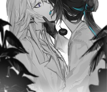 1nuyaki 2girls blue_streaks blurry blurry_foreground gloves greyscale hand_on_another&#039;s_face herta_(honkai:_star_rail) highres honkai:_star_rail honkai_(series) lab_coat leaf long_hair monochrome multiple_girls pill ponytail purple_eyes ruan_mei_(honkai:_star_rail) spot_color the_herta_(honkai:_star_rail) yuri