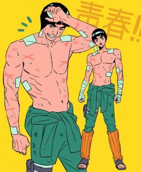 Rule 34 | 2boys, absurdres, bandaged arm, bandaged hand, bandages, bandaid, bandaid on arm, bandaid on shoulder, bandaid on stomach, black eyes, black hair, blunt bangs, bodysuit, bowl cut, clenched hands, commentary request, cowboy shot, cross scar, full body, green bodysuit, grin, heavy breathing, highres, korean commentary, leg warmers, m0 mo momo, male focus, might guy, multiple boys, naruto (series), navel, open-toe shoes, open mouth, orange leg warmers, parted lips, pouch, rock lee, scar, scar on arm, scar on chest, scar on stomach, short hair, smile, sweat, teeth, thick eyebrows, thigh pouch, toned, toned male, topless male, wiping sweat, yellow background
